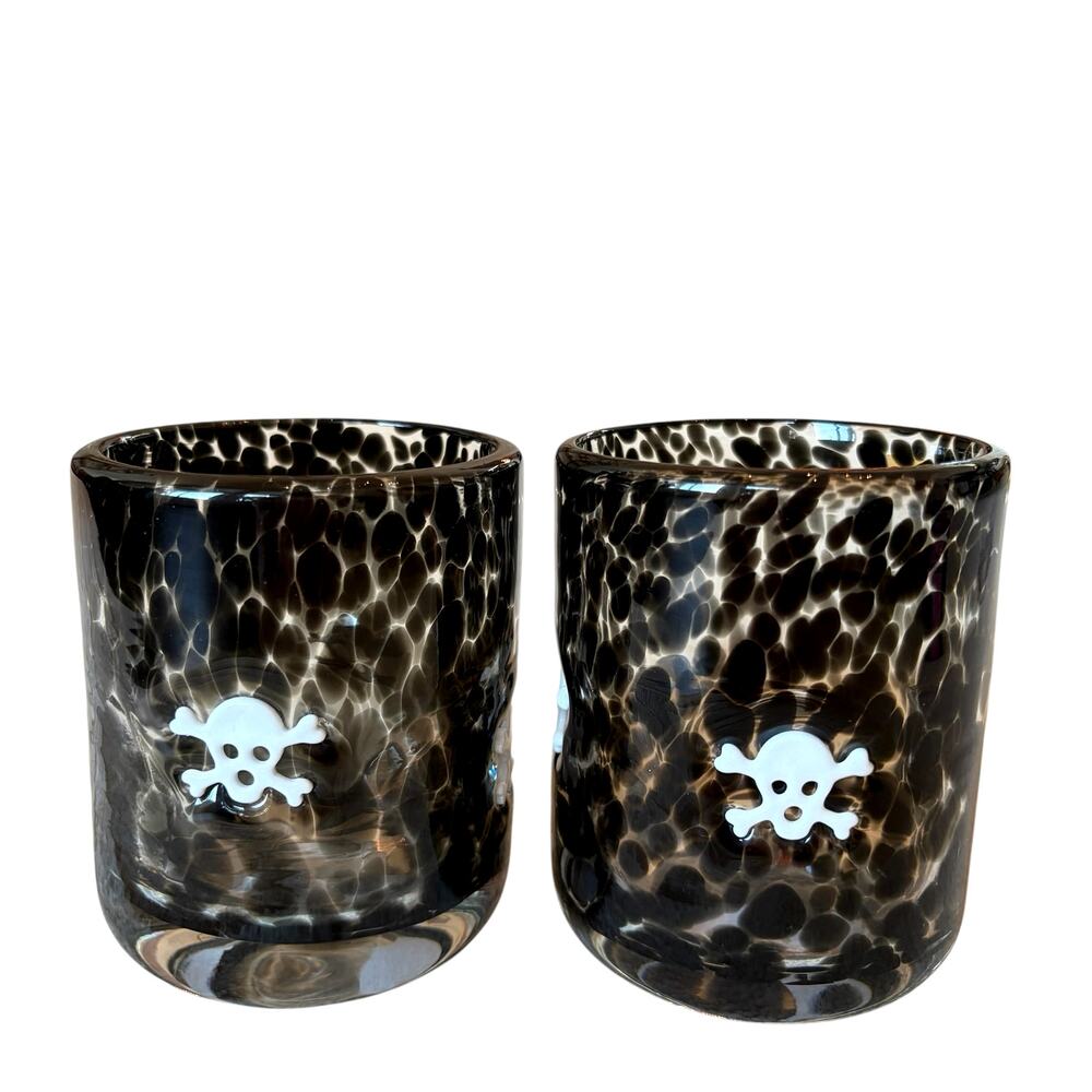 White SKULL Icon Halloween Glass Set of 2 Black Speckled Spooky Barware NEW